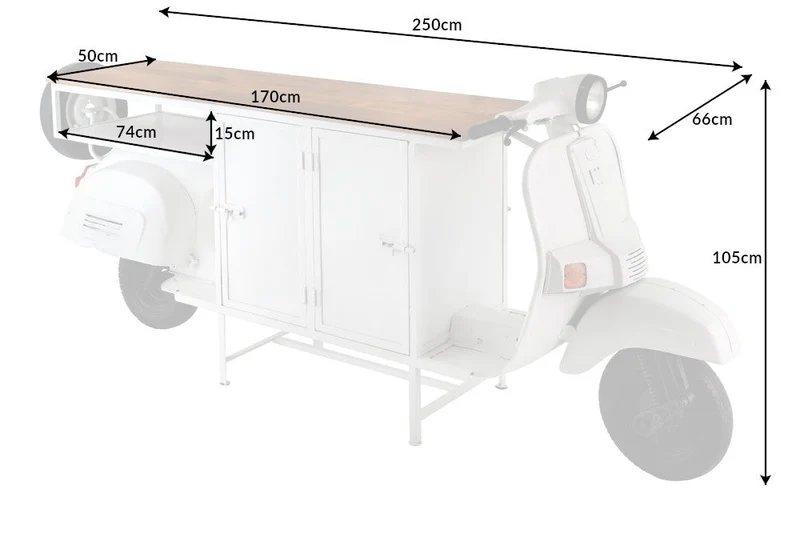 Meuble bar extravagant SCOOTER 250cm blanc rétro console scooter avec bois de manguier upcyclé