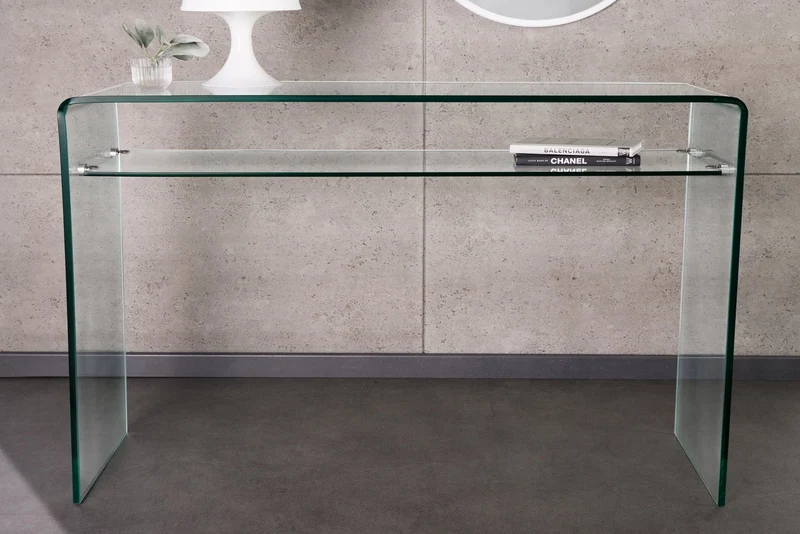 Console design FANTOME 100cm en verre transparent avec étagère
