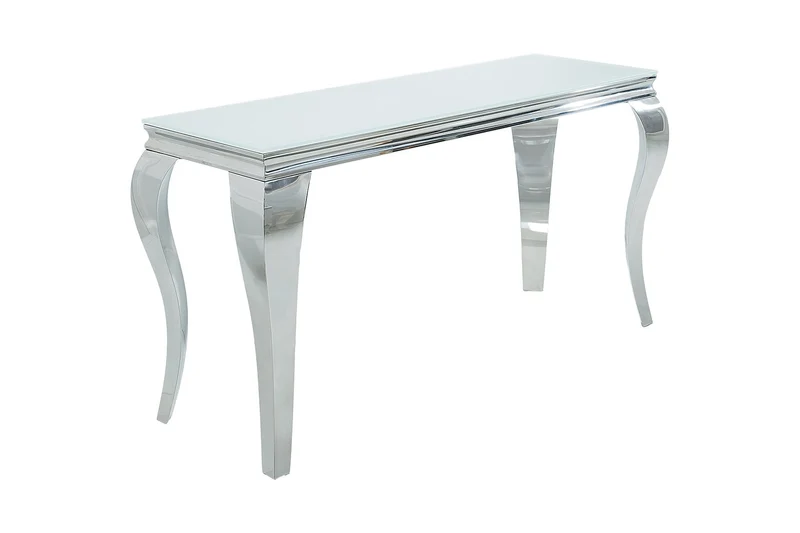 Elégante table console MODERN BAROQUE 145cm verre opale blanc pieds inox