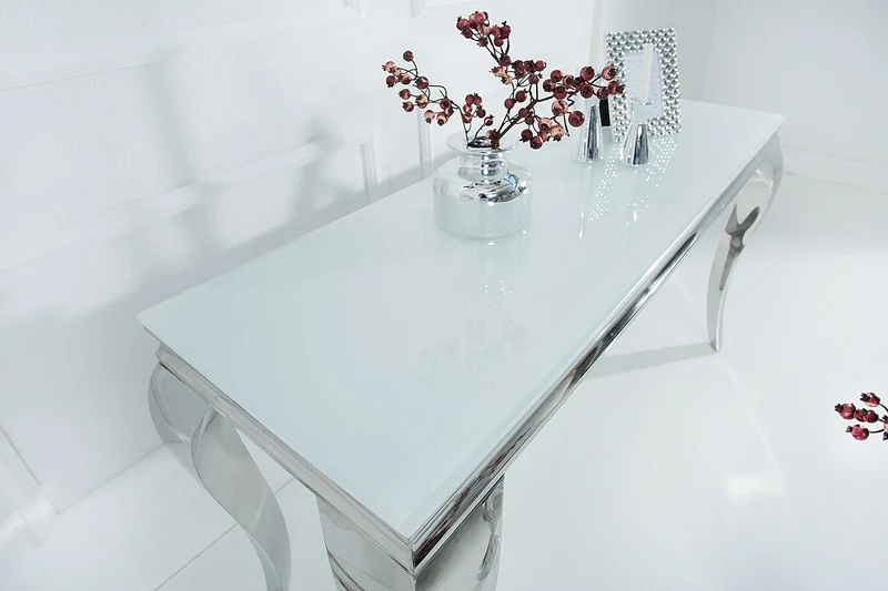 Elégante table console MODERN BAROQUE 145cm verre opale blanc pieds inox