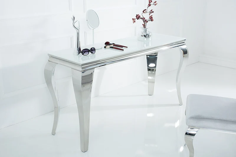 Elégante table console MODERN BAROQUE 145cm verre opale blanc pieds inox