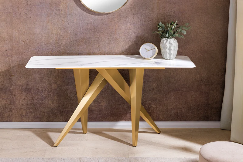 Console design ART LIVING 140cm marbre blanc céramique champagne or brossé