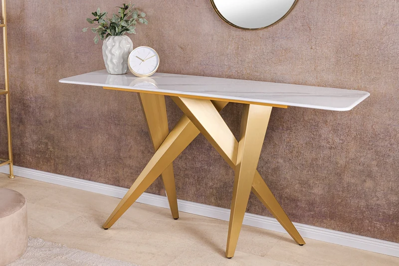 Console design ART LIVING 140cm marbre blanc céramique champagne or brossé