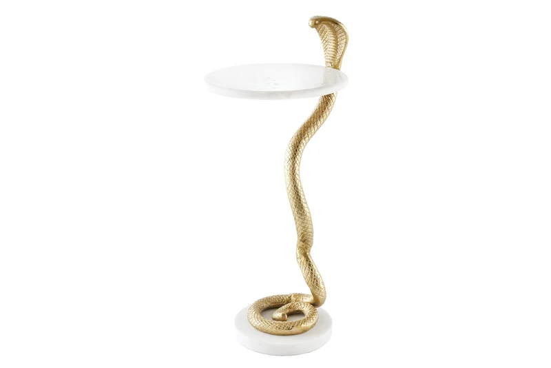 Table d'appoint ronde WILDLIFE COBRA 65cm sculpture serpent en marbre blanc doré faite main