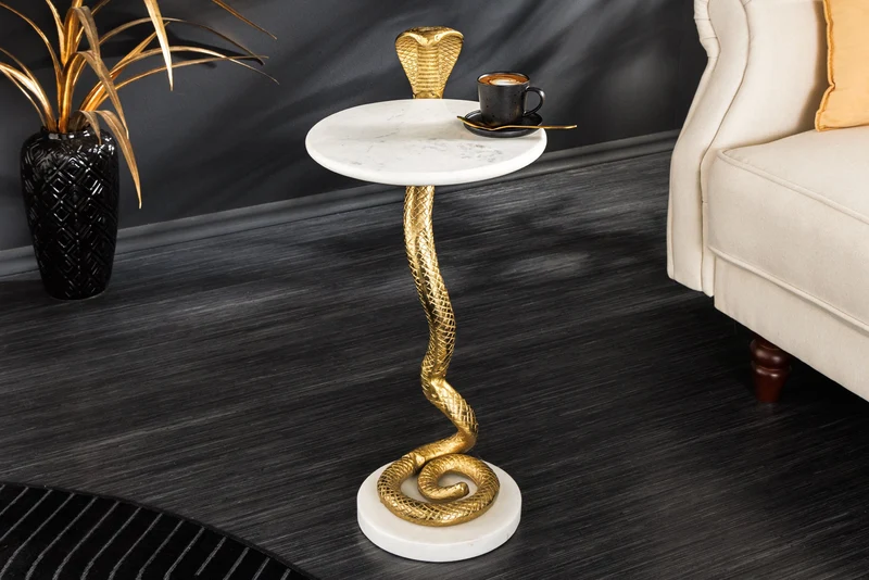 Table d'appoint ronde WILDLIFE COBRA 65cm sculpture serpent en marbre blanc doré faite main