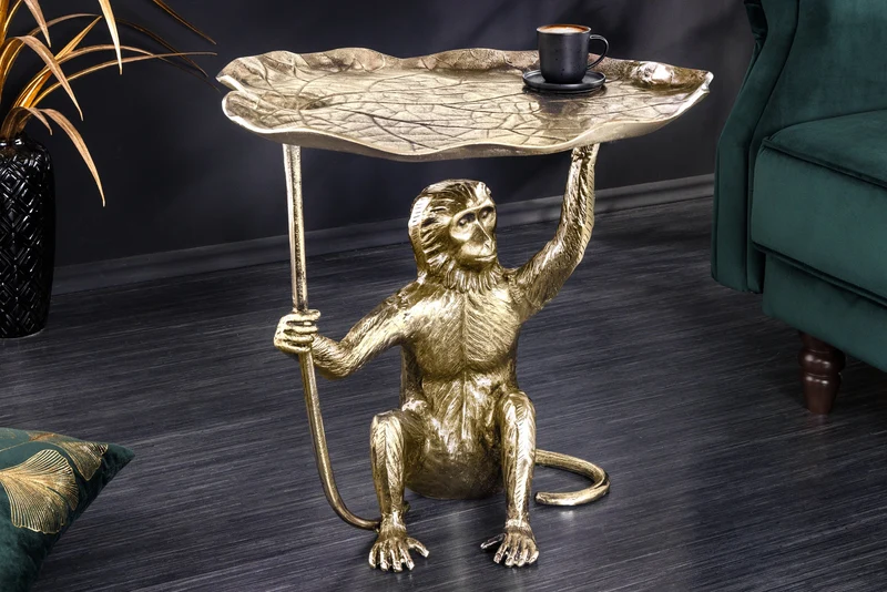 Table d'appoint design WILDLIFE MONKEY 60cm métal doré antique fait main