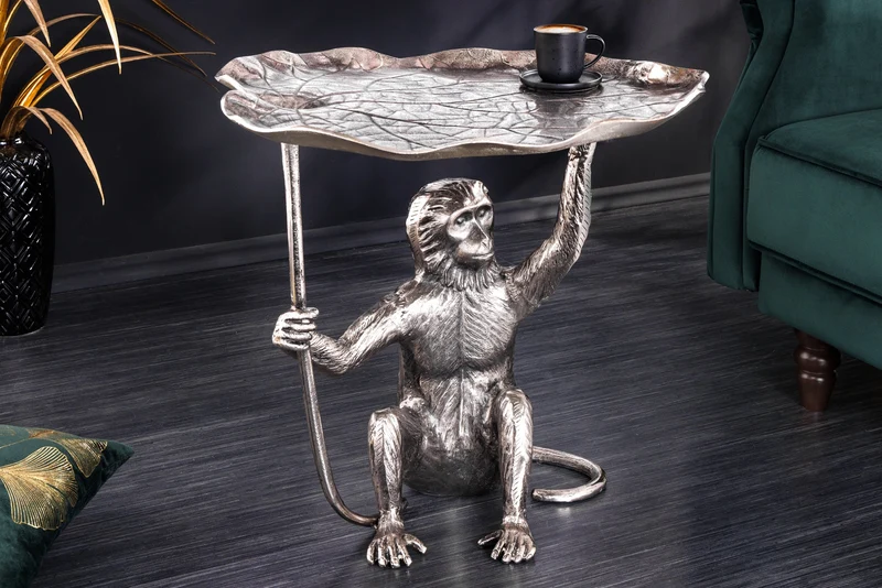 Table d'appoint design WILDLIFE MONKEY 60cm métal argenté fait main