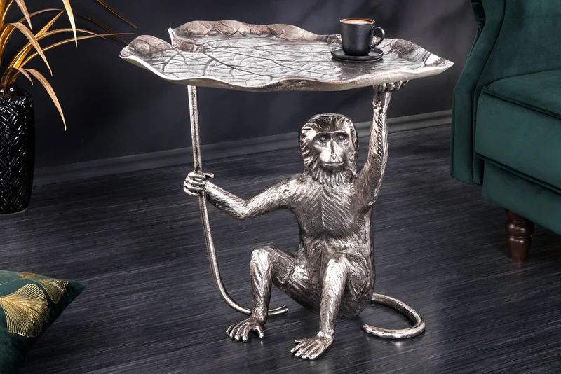 Table d'appoint design WILDLIFE MONKEY 60cm métal argenté fait main