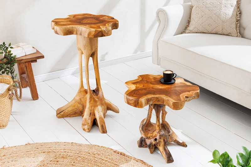 Table d'appoint en bois massif ROOT 70cm en teck naturel en bois de racine au design sur pilotis