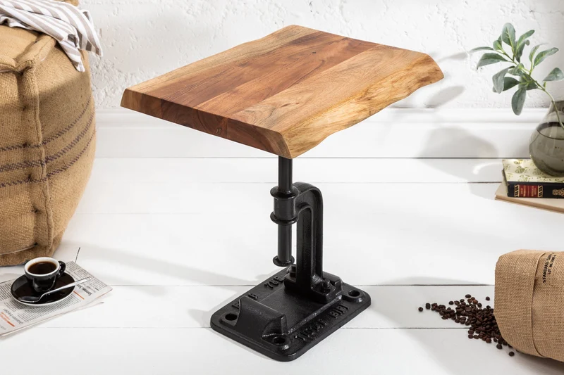 Table d'appoint authentique FACTORY 50cm en bois massif d'acacia bord d'arbre design industriel