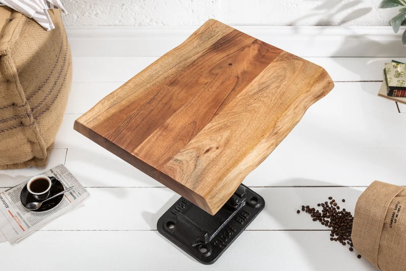 Table d'appoint authentique FACTORY 50cm en bois massif d'acacia bord d'arbre design industriel