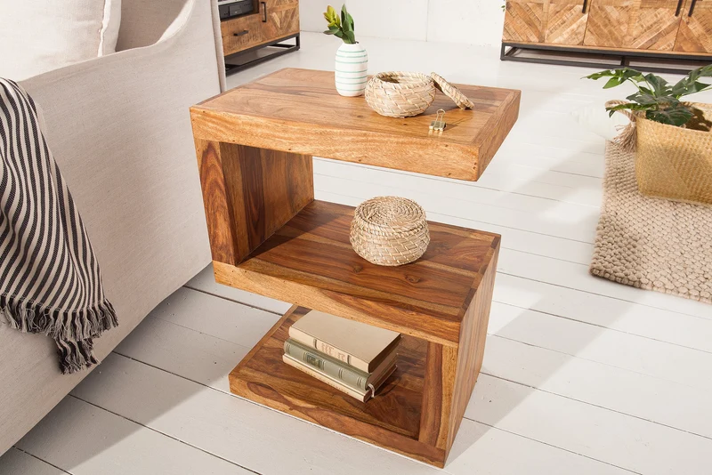 Table d'appoint artisanale S 60cm en bois massif de Sheesham marron finition pierre étagère