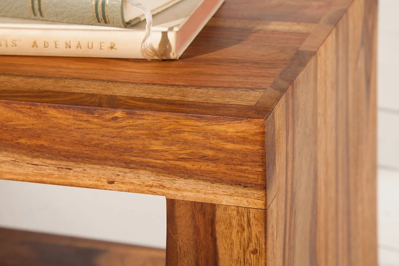 Table d'appoint artisanale S 60cm en bois massif de Sheesham marron finition pierre étagère