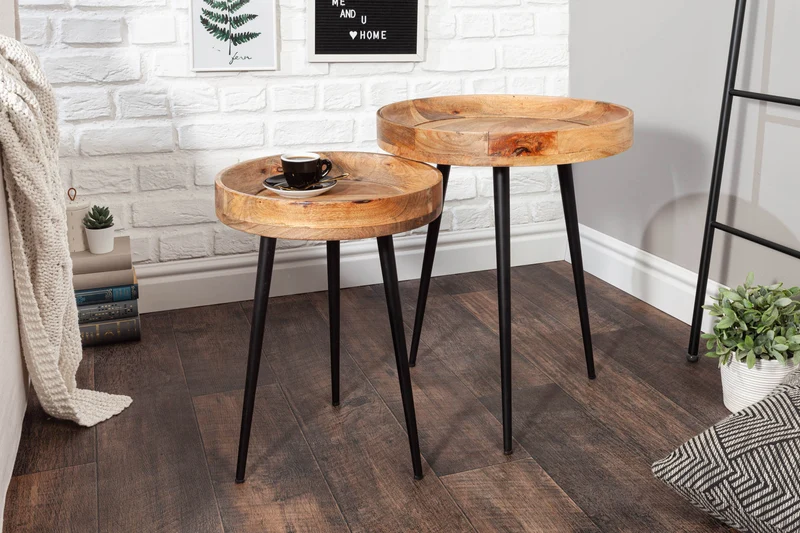 Table d'appoint massive PURE NATURE 45cm en bois de manguier naturel ronde avec pieds en métal noir