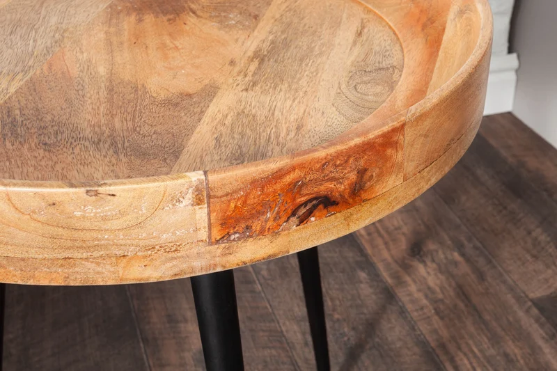 Table d'appoint massive PURE NATURE 45cm en bois de manguier naturel ronde avec pieds en métal noir