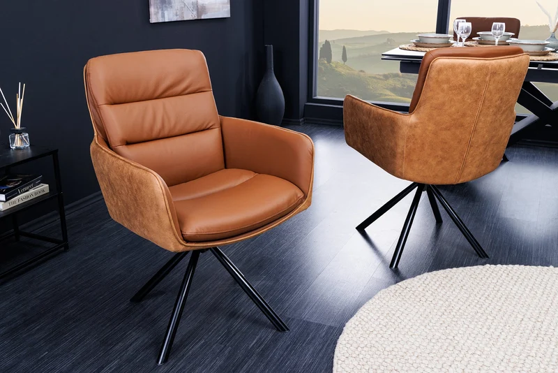 Chaise design rotative BIG GEORGE en cuir véritable cognac microfibre avec accoudoirs Rétro