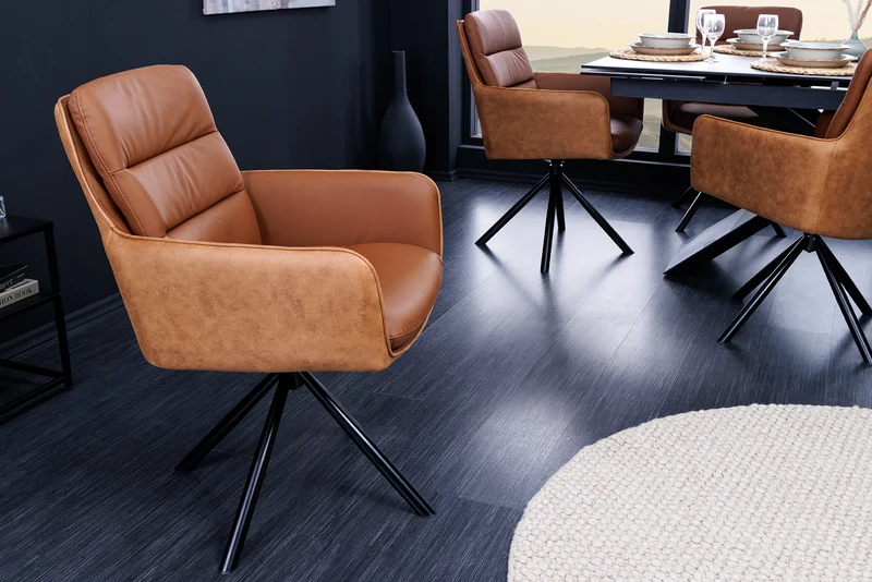 Chaise design rotative BIG GEORGE en cuir véritable cognac microfibre avec accoudoirs Rétro