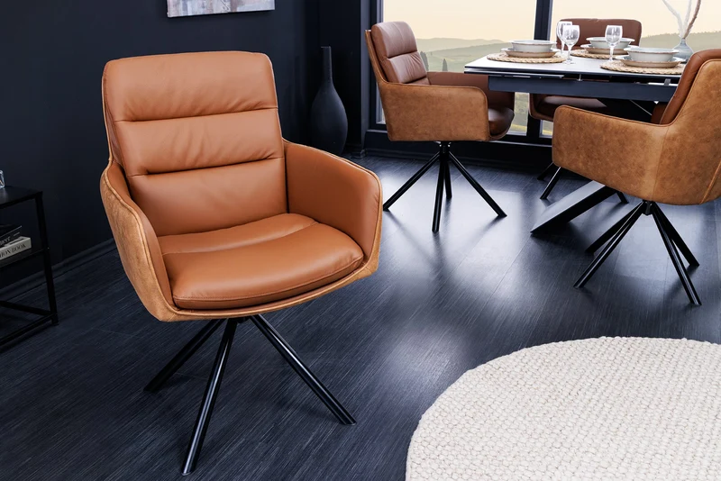 Chaise design rotative BIG GEORGE en cuir véritable cognac microfibre avec accoudoirs Rétro