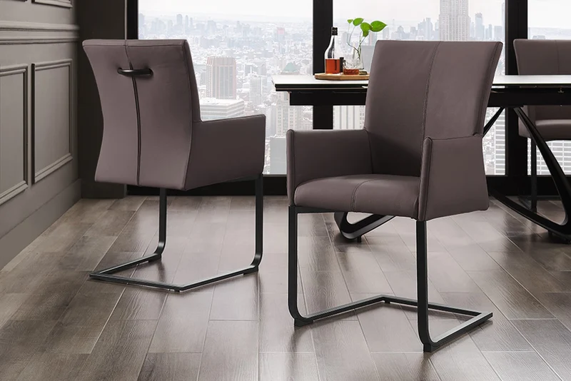 Lot de 2x chaises cantilever moderne SAMSON en cuir véritable gris taupe, structure en métal avec poignée confortable