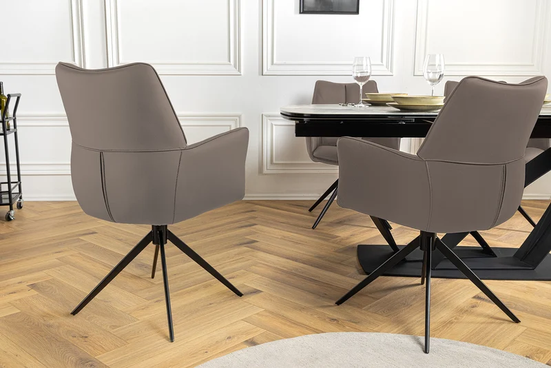 Lot de 2x chaises pivotante PAPILLON en cuir véritable marron avec accoudoirs, structure noire