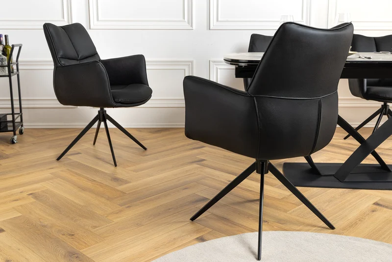 Lot de 2x chaises pivotante PAPILLON en cuir véritable noir avec accoudoirs, structure noire