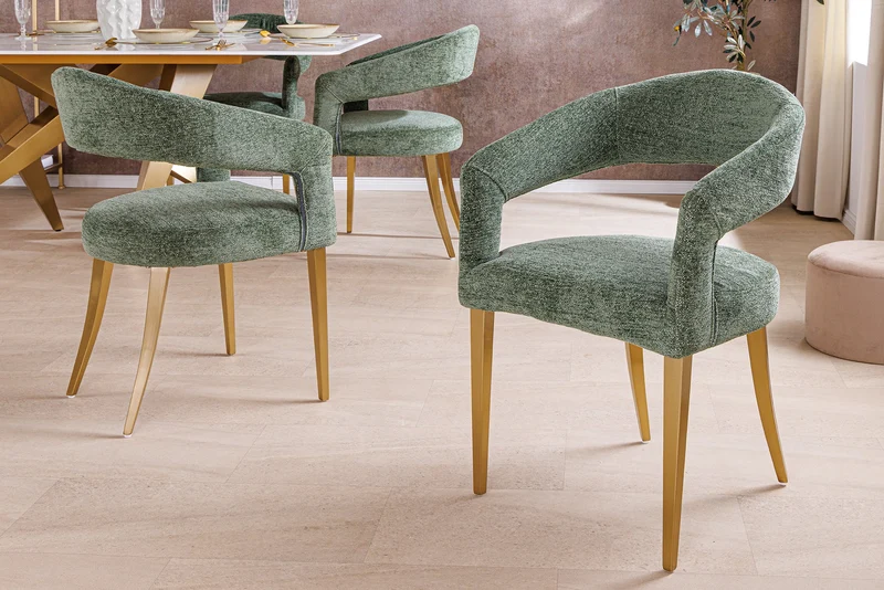 Lot de 2x chaises scandinave BOUTIQUE tissu texturé vert métal doré champagne brossé