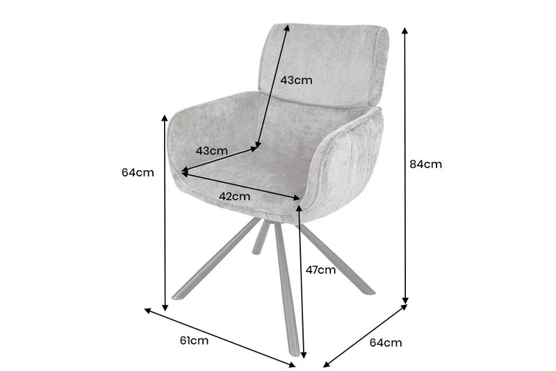 Lot de 2x chaises pivotante rétro UNIQUE chenille grise structure en métal noir avec accoudoirs