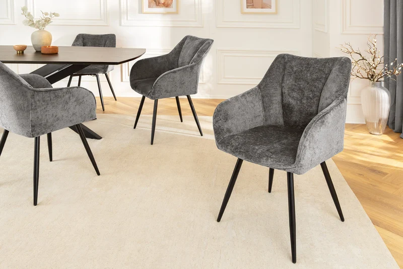 Lot de 2x chaises pivotante rétro AVIGNON chenille grise pieds métal noir