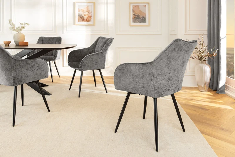 Lot de 2x chaises pivotante rétro AVIGNON chenille grise pieds métal noir