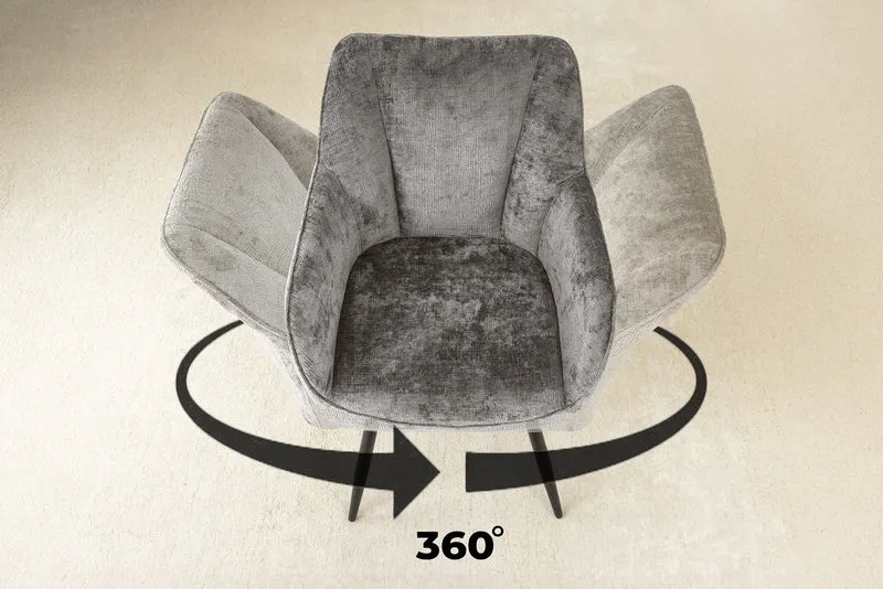 Lot de 2x chaises pivotante rétro AVIGNON chenille grise pieds métal noir