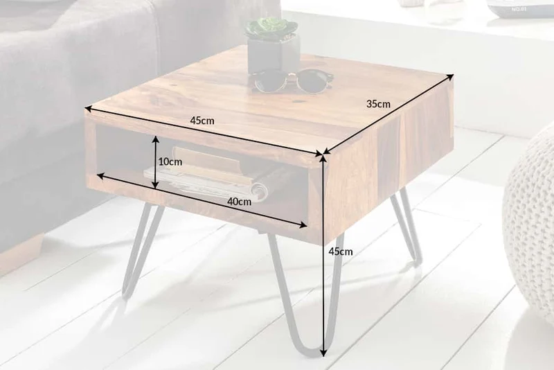 Table d'appoint en bois massif SCORPION 45cm marron Finition pierre de Sheesham Pieds en épingle à cheveux Espace de rangement
