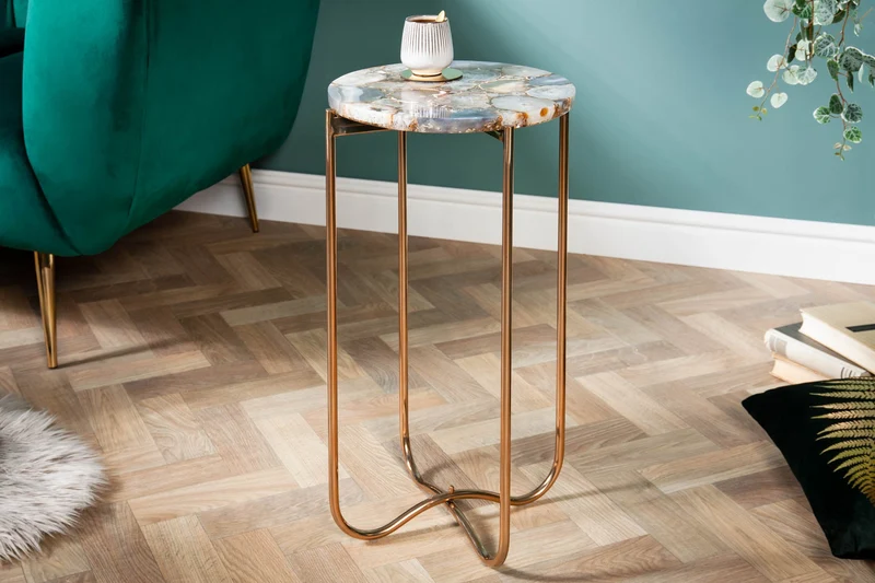 Table d'appoint ronde NOBLE I 35cm pierre précieuse agate pliable structure métal doré
