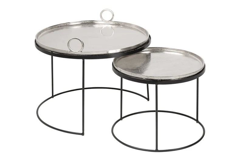 Lot de 2 tables basses rondes ELEMENTS 65cm plateau métal noir argenté table d'appoint