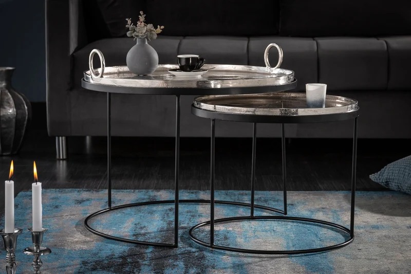 Lot de 2 tables basses rondes ELEMENTS 65cm plateau métal noir argenté table d'appoint