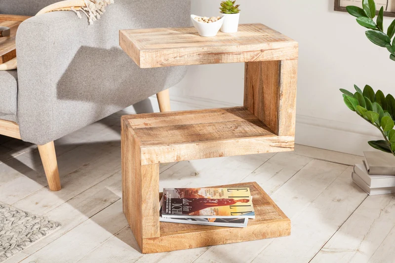 Table d'appoint artisanale S 60cm en bois de manguier massif avec étagère réglable