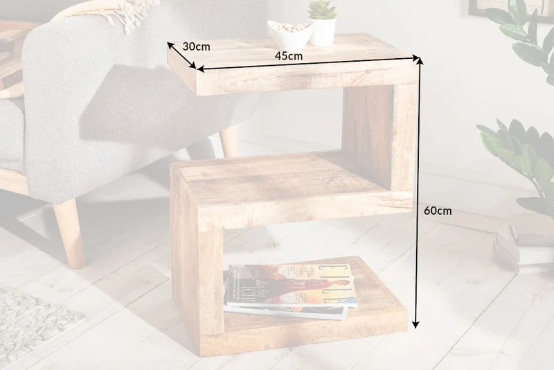 Table d'appoint artisanale S 60cm en bois de manguier massif avec étagère réglable