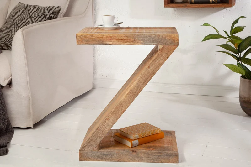Table d'appoint massive Z 45 cm en bois de manguier en forme de Z faite à la main