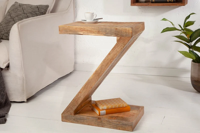 Table d'appoint massive Z 45 cm en bois de manguier en forme de Z faite à la main