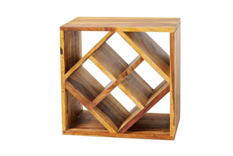 Casier à vin en bois massif CUBUS 40 cm marron finition pierre de Sheesham table d'appoint faite à la main