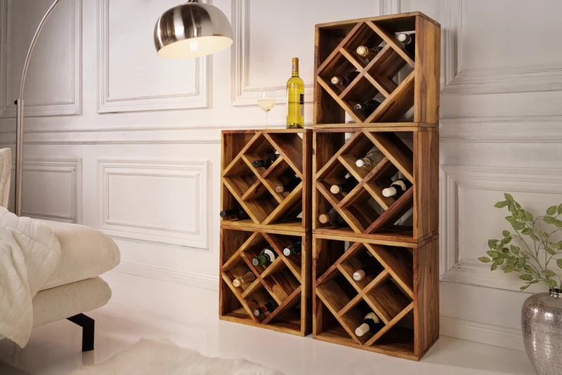 Casier à vin en bois massif CUBUS 40 cm marron finition pierre de Sheesham table d'appoint faite à la main