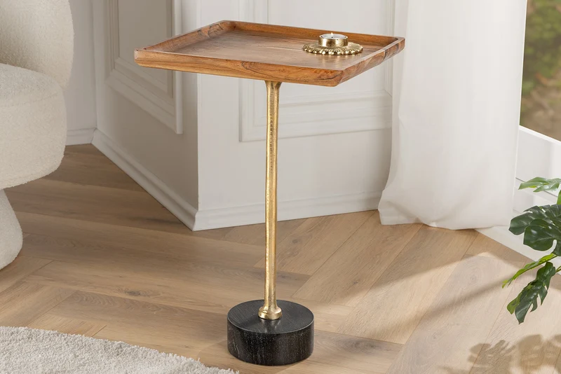 Table d'appoint design TRAYFUL 55cm bois massif d'acacia naturel base marbre noir métal doré