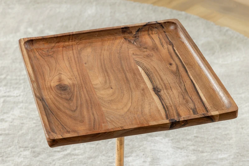 Table d'appoint design TRAYFUL 55cm bois massif d'acacia naturel base marbre noir métal doré
