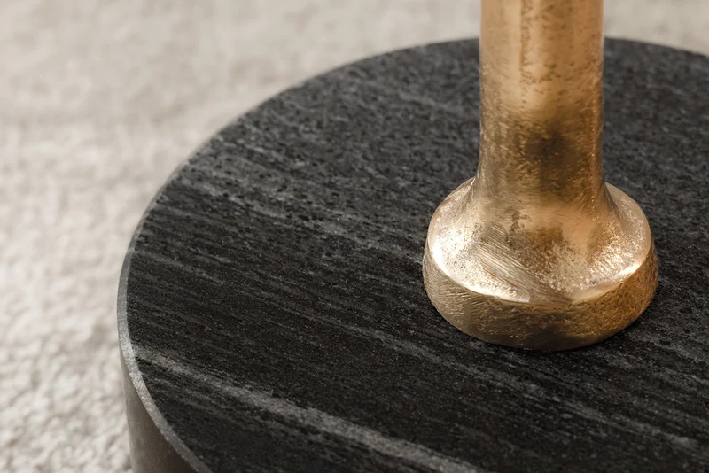 Table d'appoint design TRAYFUL 55cm bois massif d'acacia naturel base marbre noir métal doré