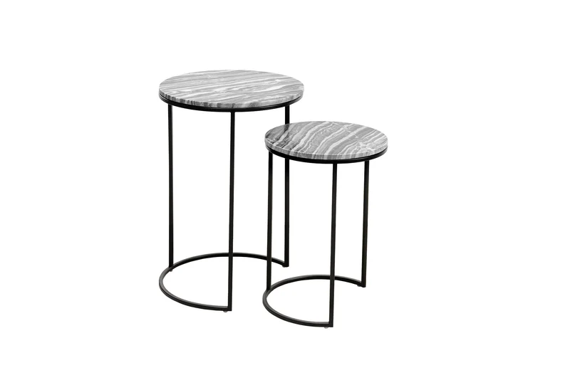 Table d'appoint design ELEMENTS, lot de 2, 40 cm, marbre gris, cadre noir, ronde