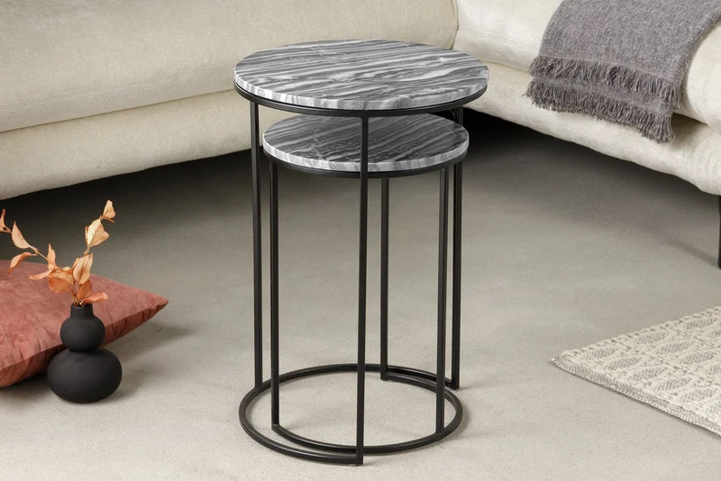 Table d'appoint design ELEMENTS, lot de 2, 40 cm, marbre gris, cadre noir, ronde