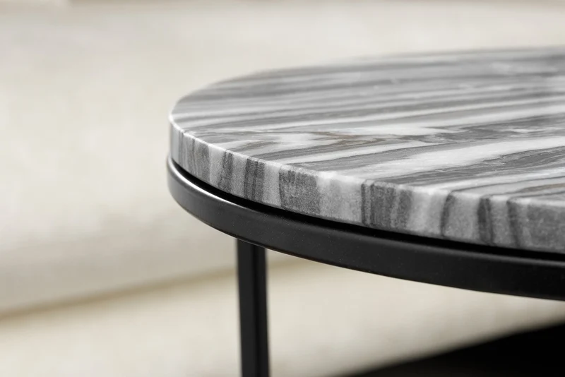 Table d'appoint design ELEMENTS, lot de 2, 40 cm, marbre gris, cadre noir, ronde