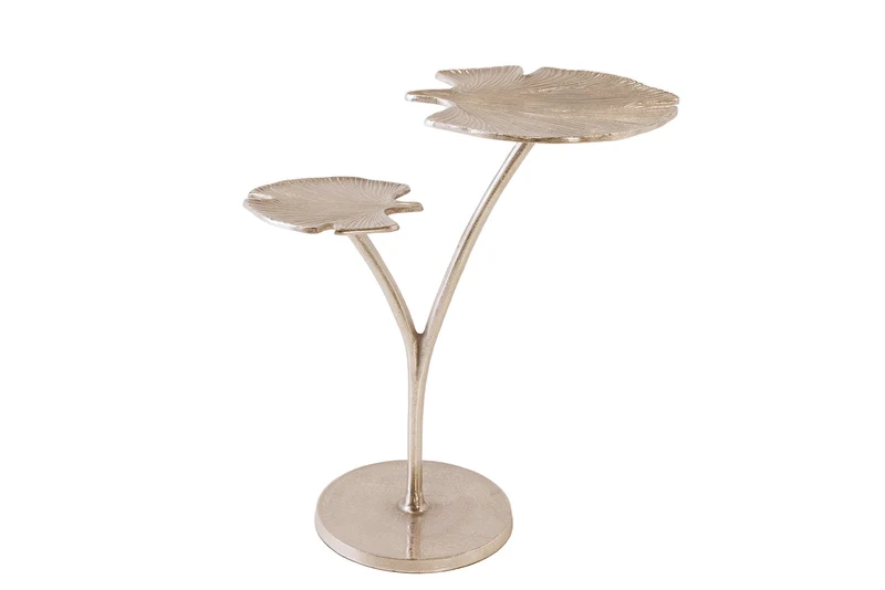 Table d'appoint décorative FEUILLES DE GINKGO 50cm en métal argenté fait main