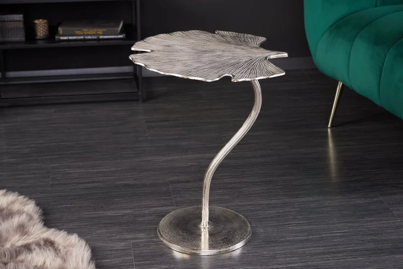 Table d'appoint décorative FEUILLE DE GINKGO 55cm métal argenté fait main
