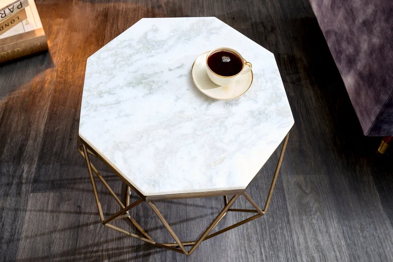Table d'appoint design DIAMOND 50cm marbre blanc laiton métal