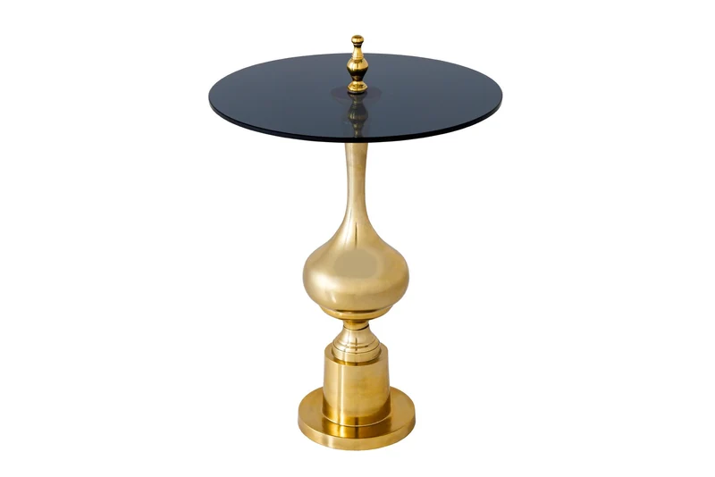 Table d'appoint design ABSTRACT 45cm métal doré plateau verre noir fait main ronde
